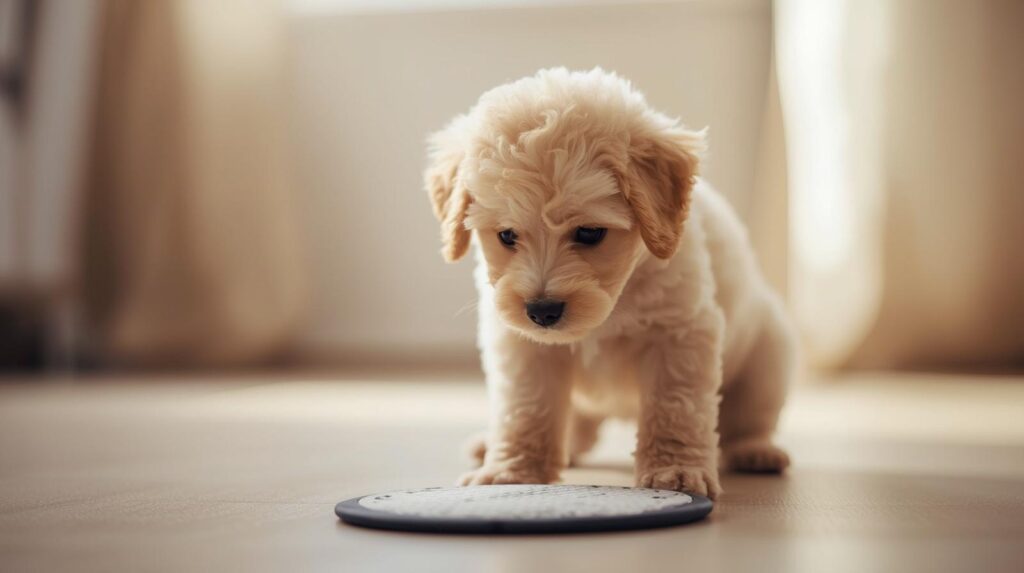 A fluffy light-colored poodle puppy looks down at a white rug on a wooden floor.