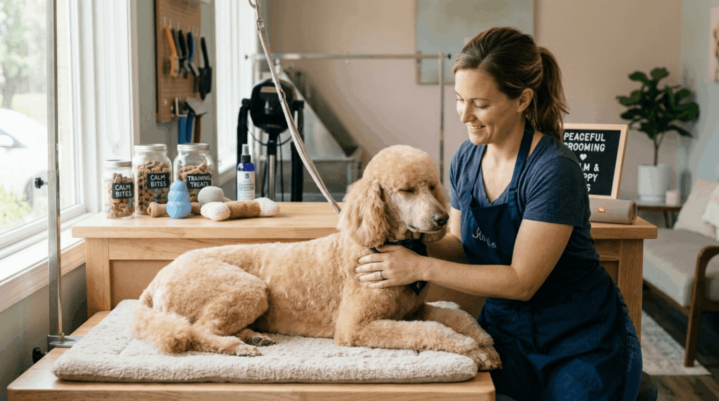 Calming techniques for poodles during grooming showing relaxed poodle with gentle handling