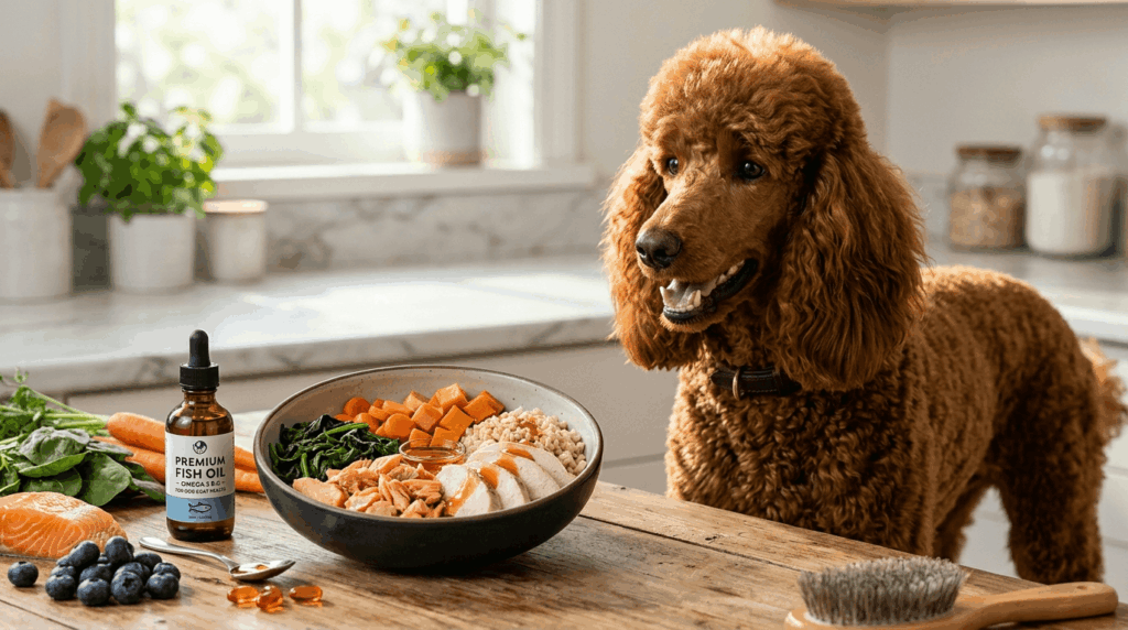 Healthy poodle coat diet including nutritious food and supplements for glossy coat