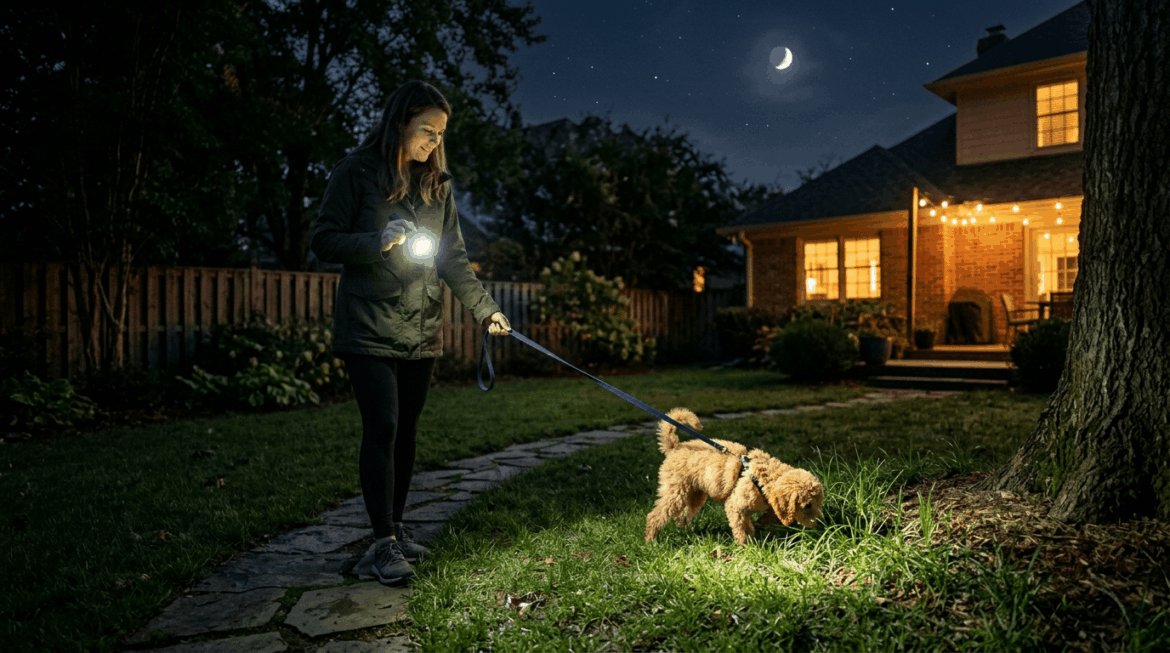 Nighttime poodle potty training tips showing owner taking puppy outside in evening