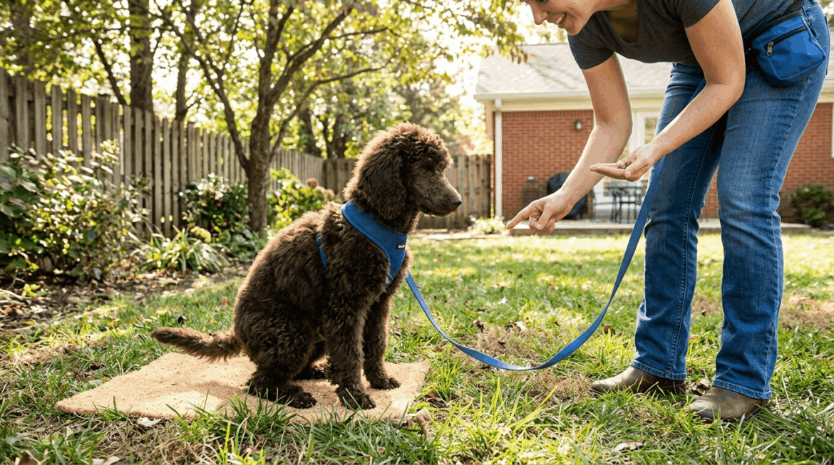 Potty training poodles outdoors with owner guiding puppy in backyard setting